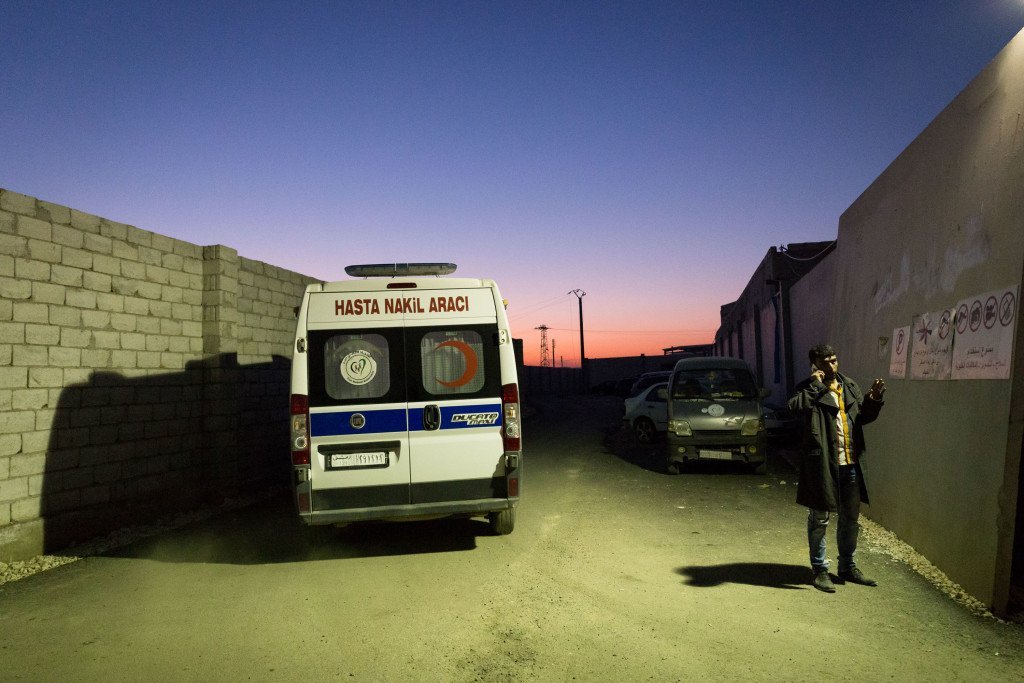 A Turkish ambulance transfers an Aleppo barrel bombing victim to a state hospital in Turkey. Al Jazeera.